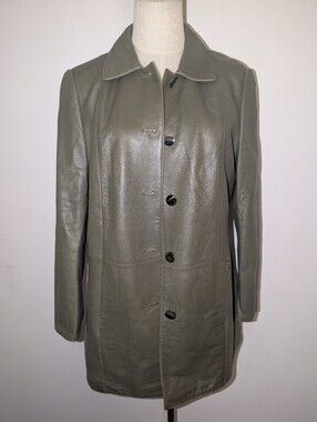 Vintage Olive Green Leather Reversible Button-Front Coat